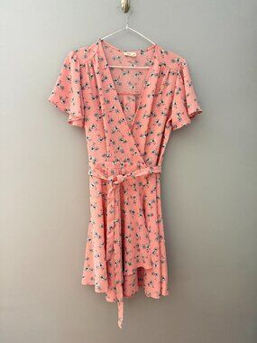 Pink Floral Print Midi Wrap Dress Size Medium